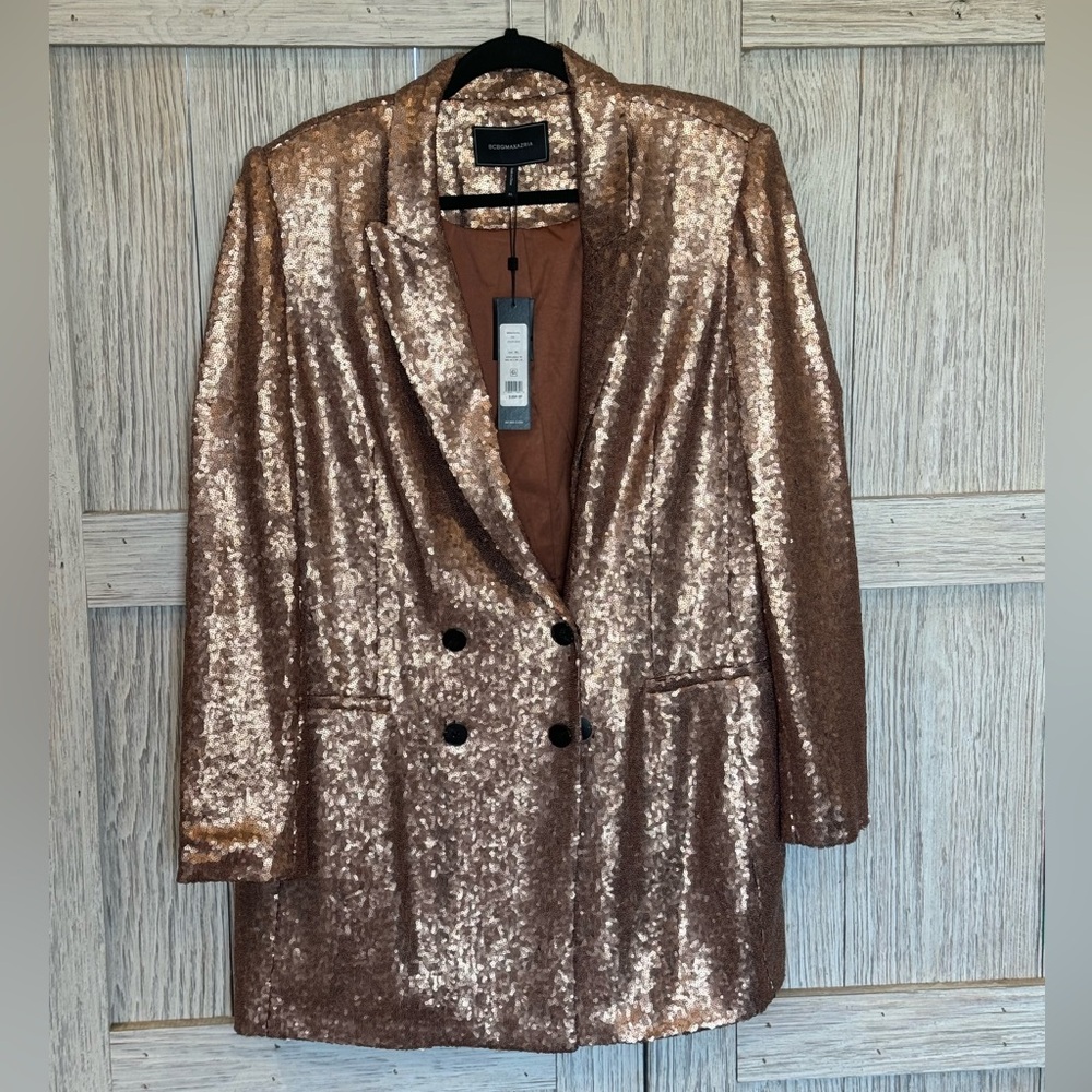 BCBGMaxAzria Rose-Gold Sequin Double-Breasted Blazer